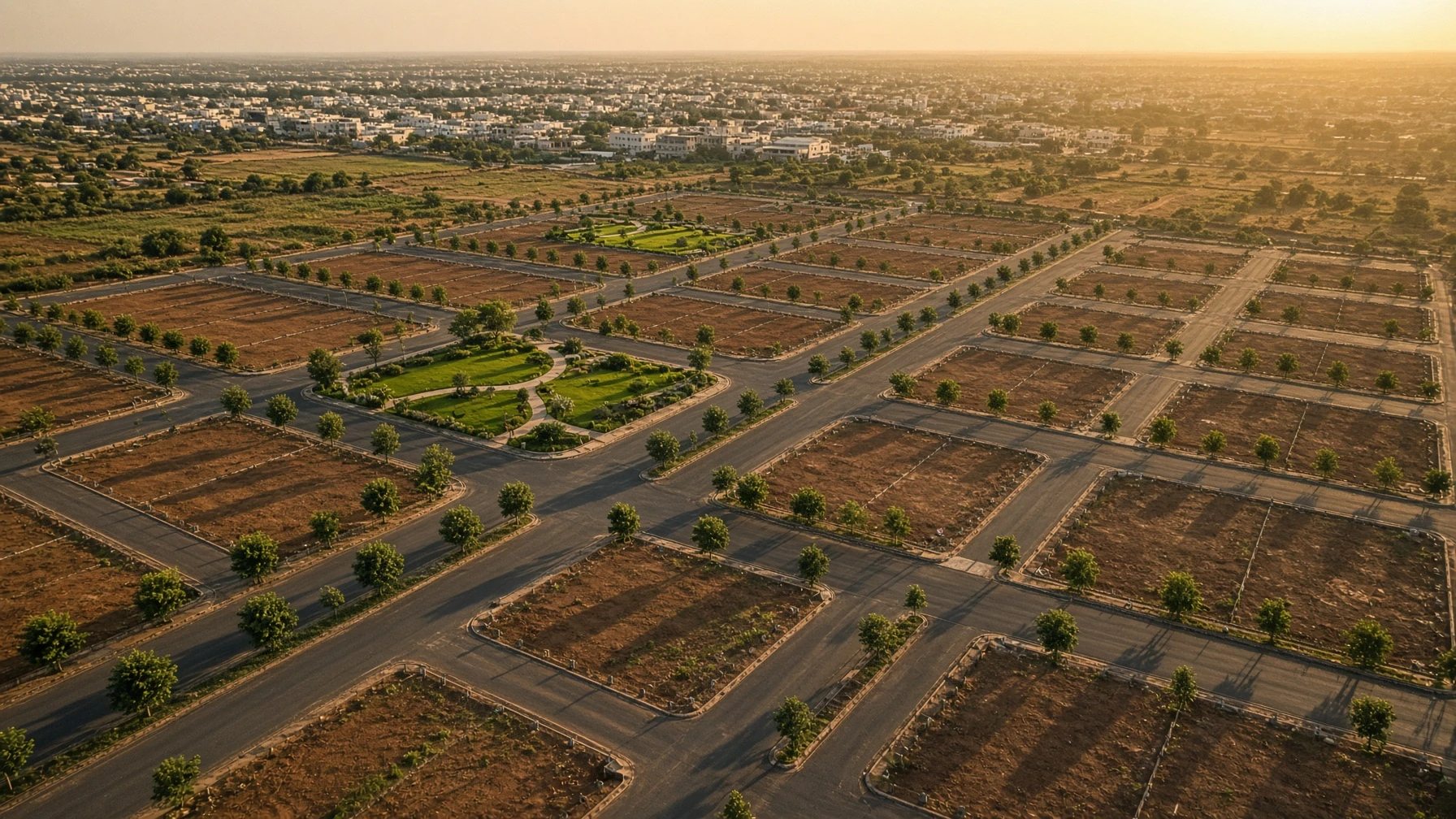 Planned villa-plot layout at golden hour