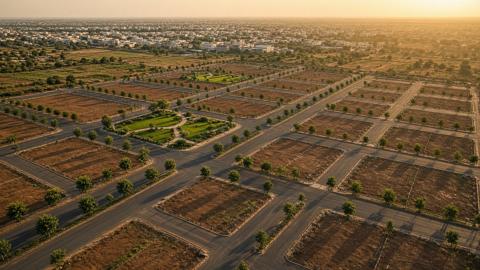 Planned villa-plot layout at golden hour